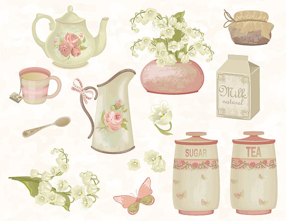     Clip Art Antique Pink Shabby Chic Tea Cup Sugar Pot Tea Pot Flower