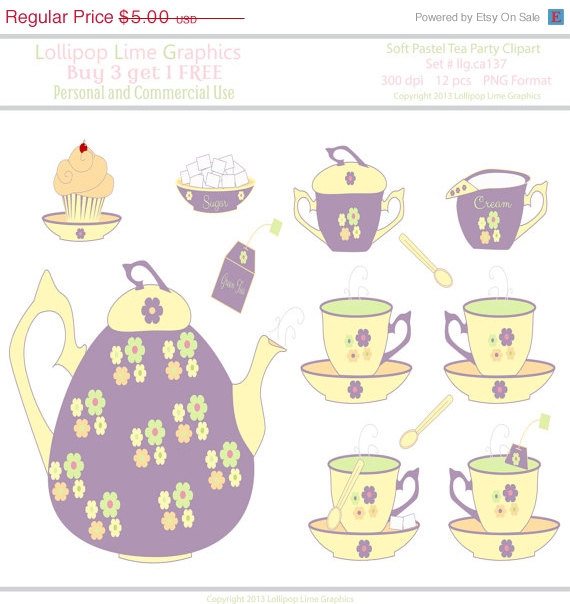 Clip Art Instant Download Pastel Tea Pot Tea Cups Tea Bags Flowers On
