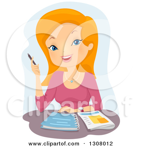 Clipart Of A Happy Red Haired White Female College Student Studying