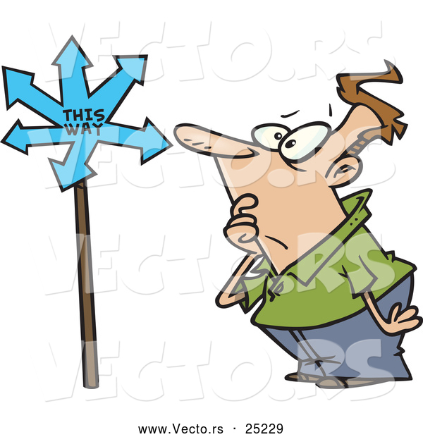 Confused Cartoon Man Looking At A Sign Pointing In Multiple Directions