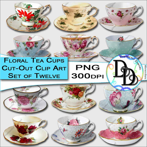 Floral Tea Cup Clipart Printable Cut Out Flower Coffee Mug Commercial