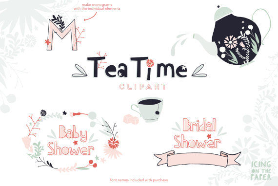 Sale   Tea Time Clip Art   Flowers   Teapot   Tea Cup   Clipart    
