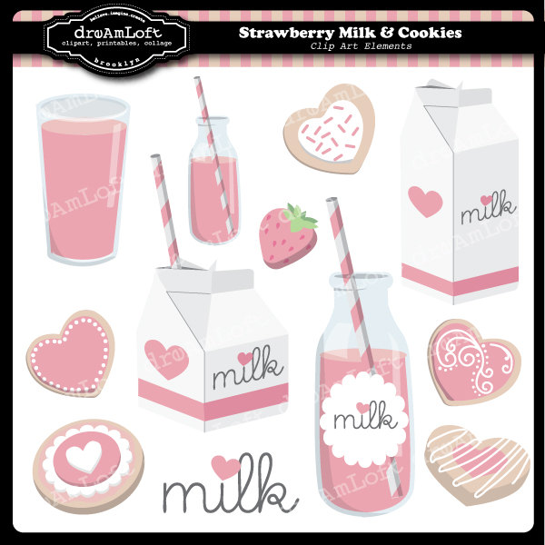 Strawberry Milk And Cookies Clip Art Digital Collage By Dreamloft