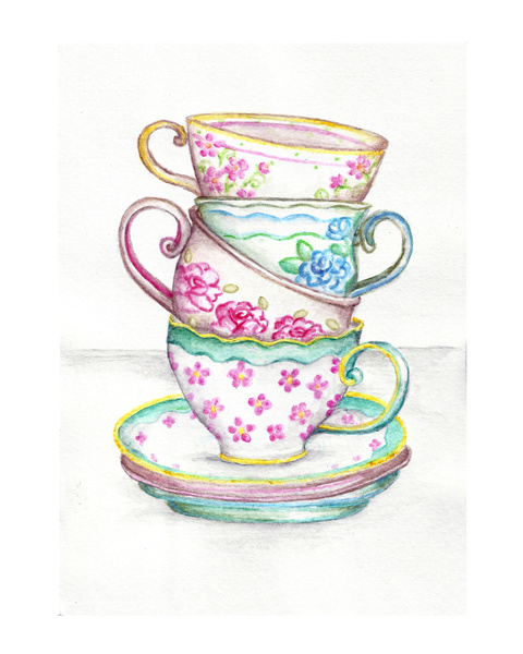 Tea Cup Art Kitchen Watercolor Painting Drawing Art Print By    