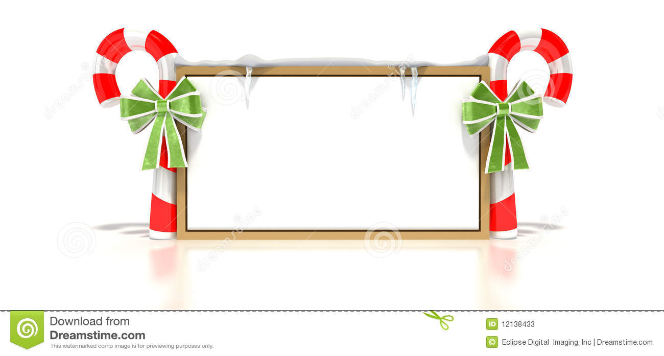 Two Candy Canes Standing On Each Side Of A Blank White Sign  Isolated    