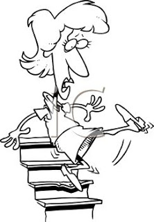 Black And White Cartoon Of A Woman Falling Down Stairs Clipart Image