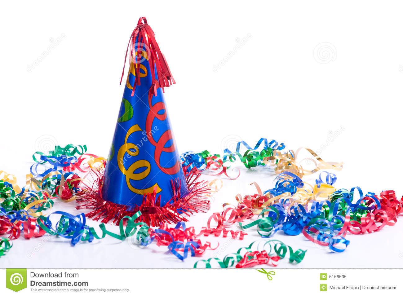 Brightly Colored Birthday Hat And Streamers On A White Background