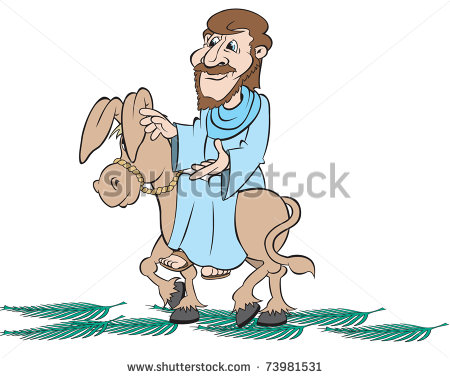 Cartoon Art Of Jesus As He Rides A Donkey Into Jerusalem  Palm Leaves