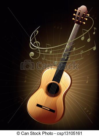 Clip Art Vector Of A Brown Guitar With Musical Notes   Illustration Of