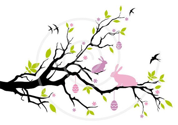 Easter Bunny On Spring Tree Easter Eggs Rabbit Digital Clipart Ve