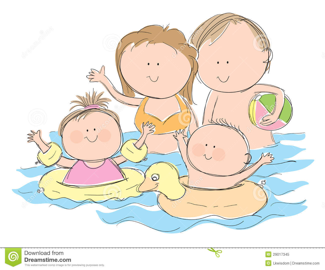 Hand Drawn Picture Of A Family In A Swimming Pool Illustrated In A