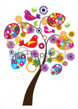 Holidays   Vector Easter Tree With Floral Eggs Birds And Butterflies