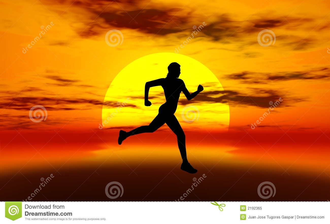 Silhouette Of Woman Running With Sun Behind Her And Shades Of Orange