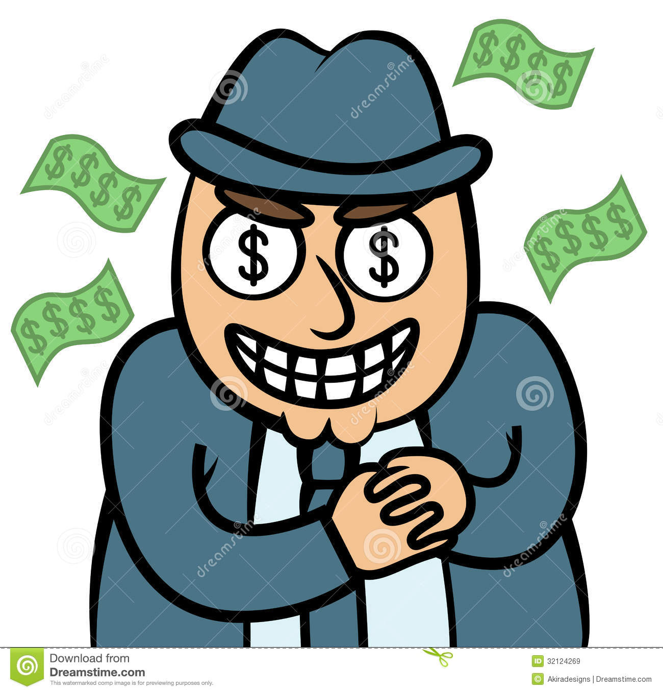 Cartoon Vector Illustration Of Evil Money Hungry Man In Suit Mafia