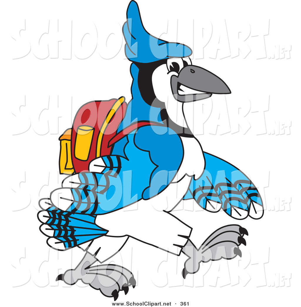Clip Art Of A Blue Jay Character School Mascot Walking To School