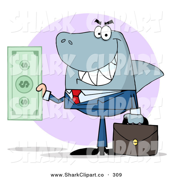Clip Art Of A Grinning Shark Businessman Holding Cash Over A Purple    