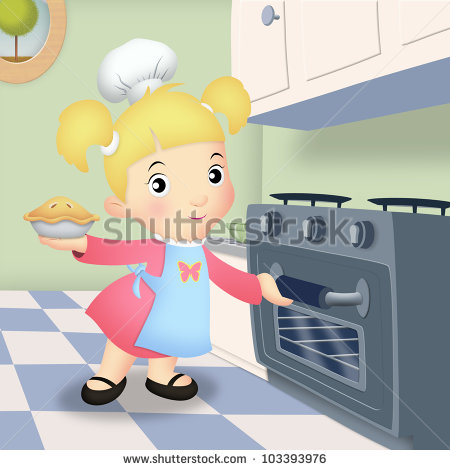 Girl In Kitchen Placing Pie In Oven  Stock Photo 103393976    