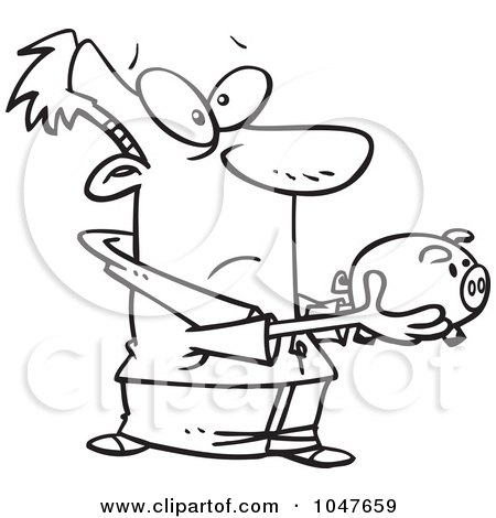 Cartoon Black And White Outline Design Of A Man Holding Out A Piggy