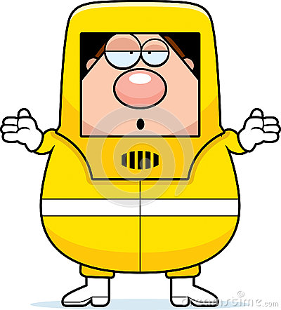 Cartoon Illustration Of A Man In A Hazmat Suit Looking Confused