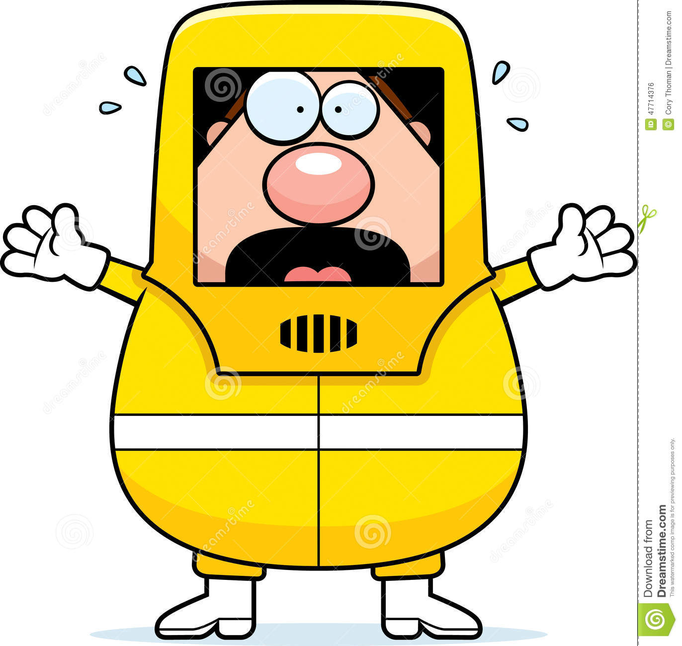 Cartoon Illustration Of A Man In A Hazmat Suit Looking Scared