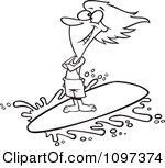 Clipart Outlined Happy Surfer Girl Riding A Wave Royalty Free Vector