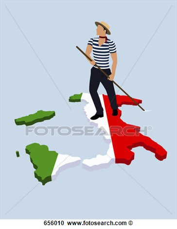 Italian Gondolier Standing On The Italian Flag In The Shape Of Italy