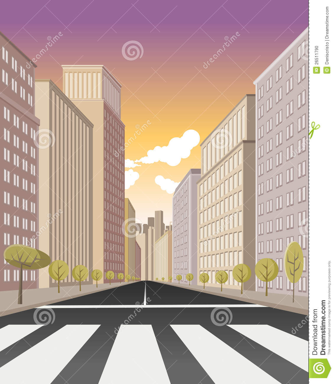 Pedestrian Crossing On The Street Of Downtown City With Buildings 