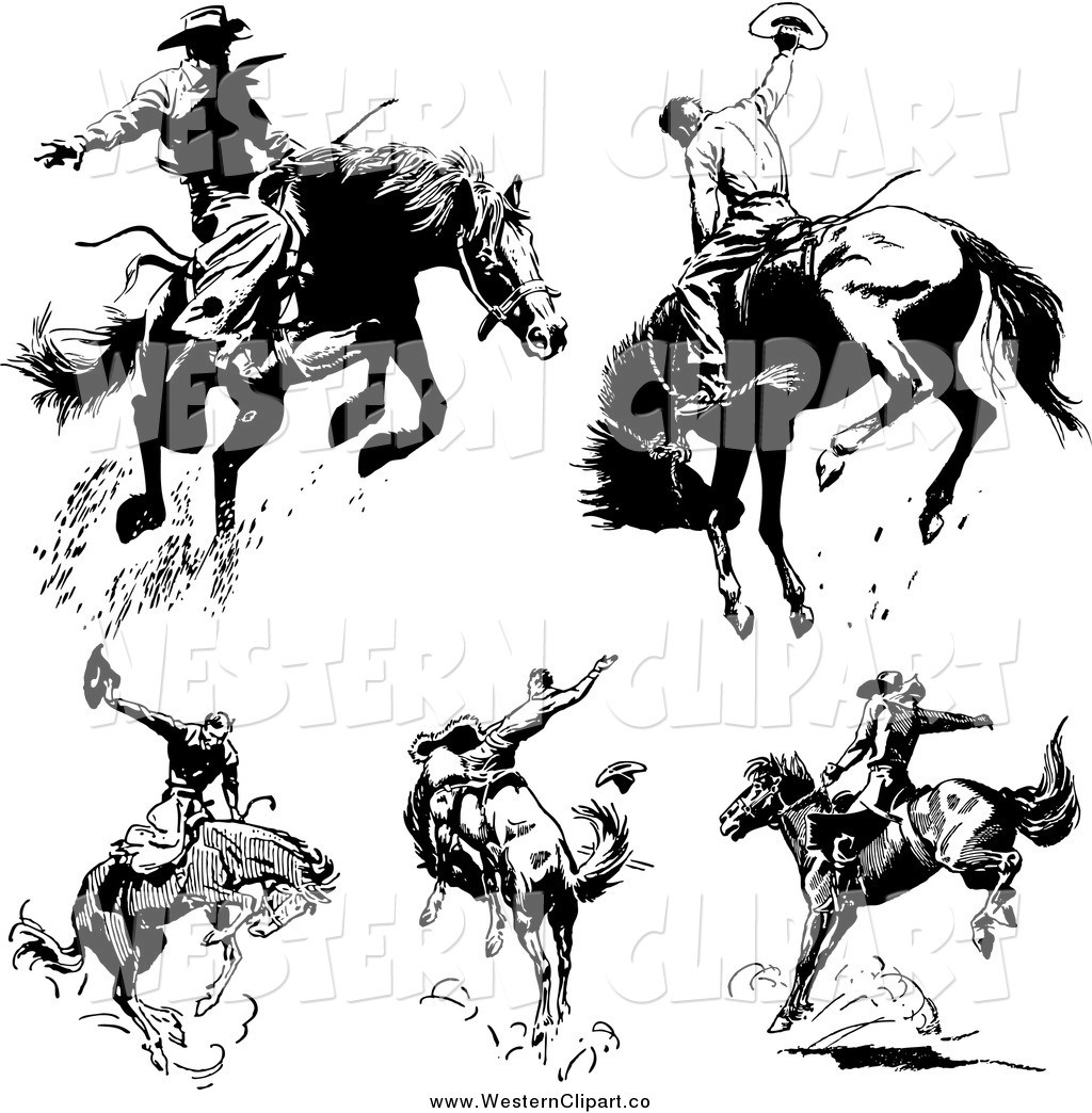 Vector Clip Art Of Black And White Retro Rodeo Cowboys On Bucking