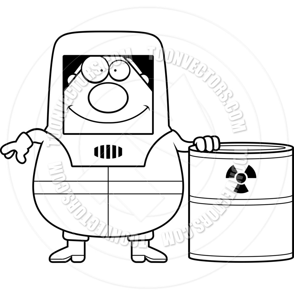 Cartoon Hazmat Suit Man Toxic Waste  Black And White Line Art  By Cory