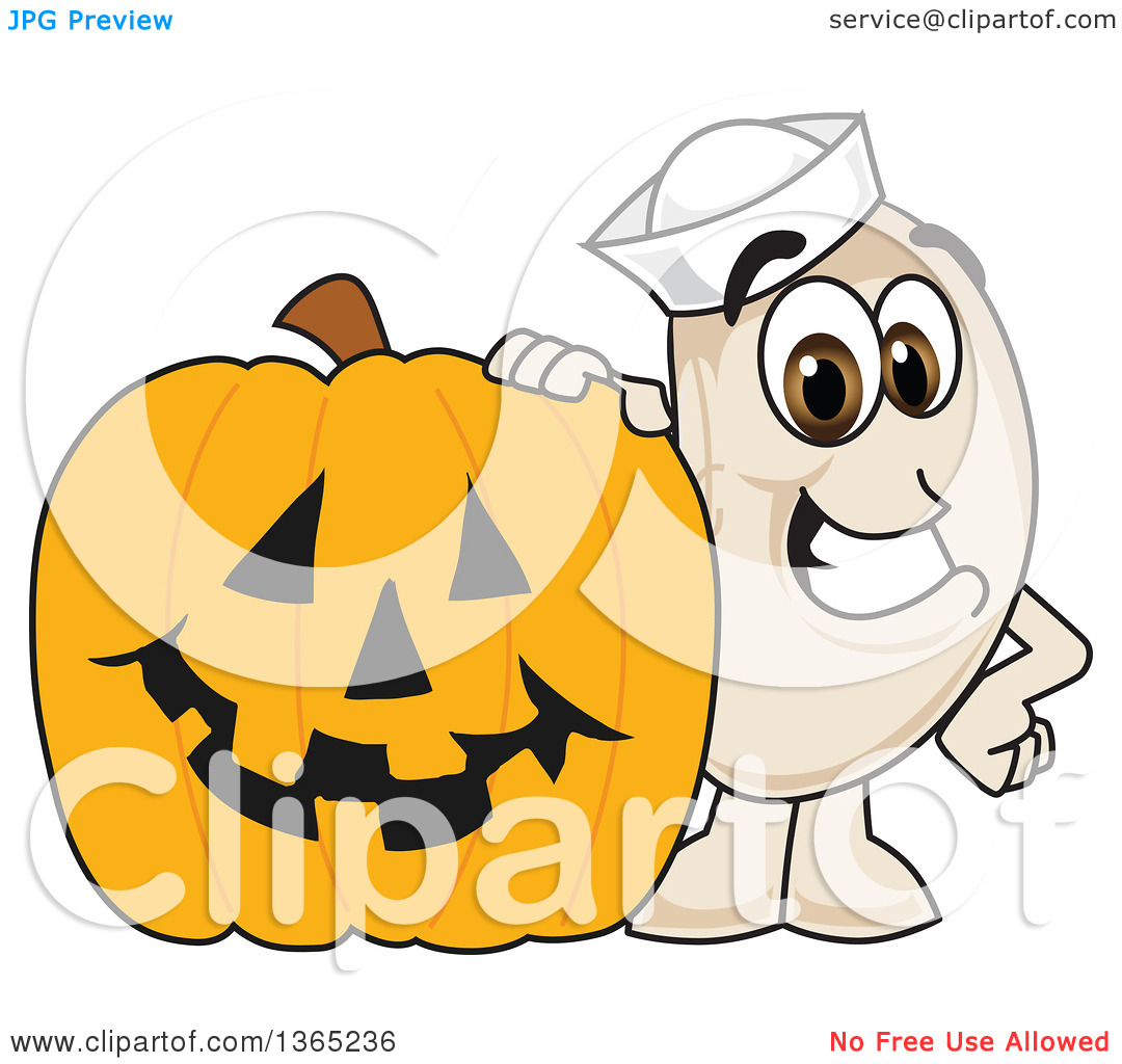 Clipart Of A Navy Bean Mascot Character By A Halloween Jackolantern