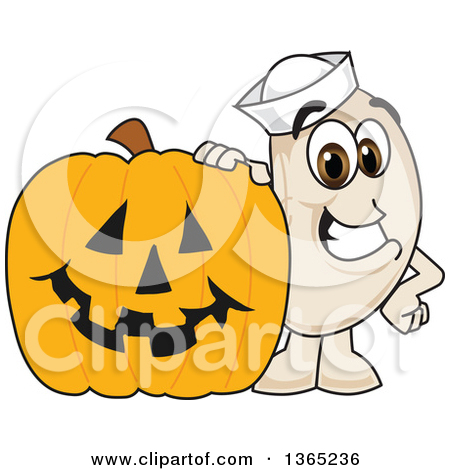 Clipart Of A Navy Bean Mascot Character By A Halloween Jackolantern