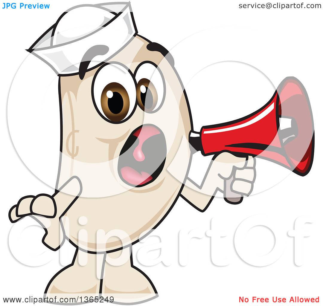 Clipart Of A Navy Bean Mascot Character Screaming Into A Megaphone    