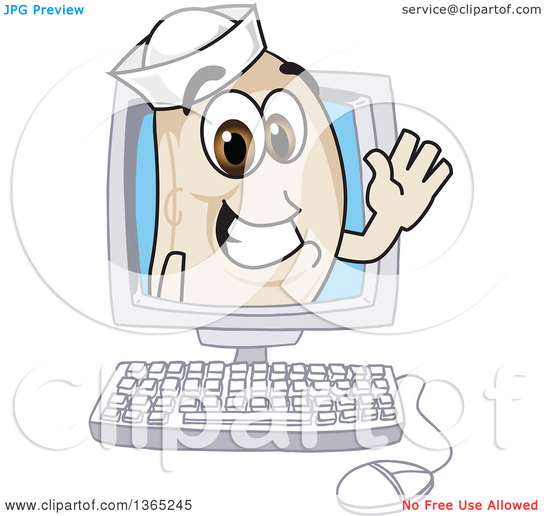 Clipart Of A Navy Bean Mascot Character Waving From A Desktop Computer