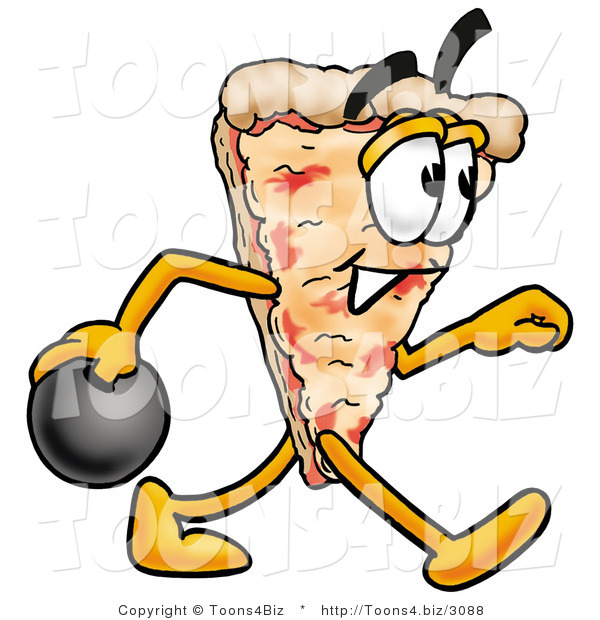 Illustration Of A Cartoon Cheese Pizza Mascot Holding A Bowling Ball