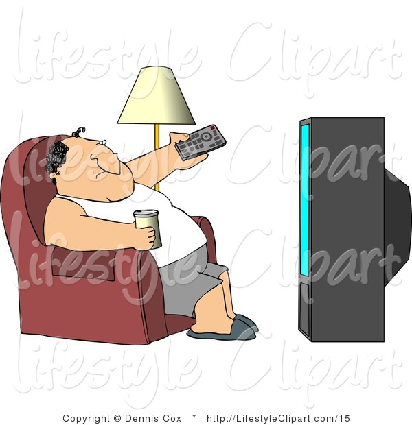 Lifestyle Clipart Of A Lazy Man Watching Tv And Using A Remote    