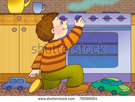 Little Boy Playing In The Kitchen With Gas Stove Stock Photo 70098004
