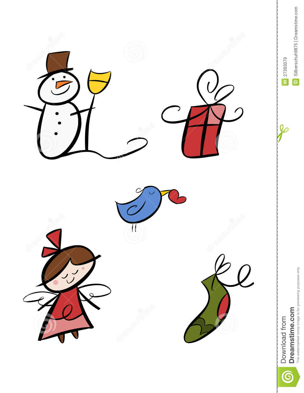 Set Of Five Colorful Winter Christmas Images Including Snowman