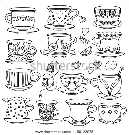 Set Vintage Icons Tea Cup Lemons Hearts And Tea Bags   Vector
