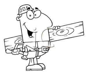 Black And White Cartoon Of A Builder With A Hammer And Wood