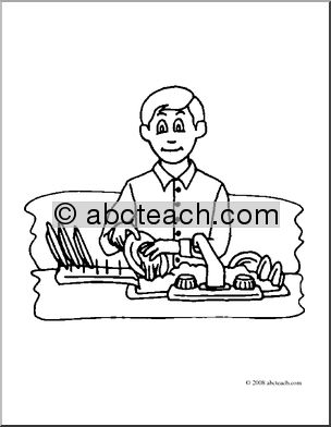 Clip Art  Kids  Chores  Washing The Dishes  Coloring Page    Preview 1