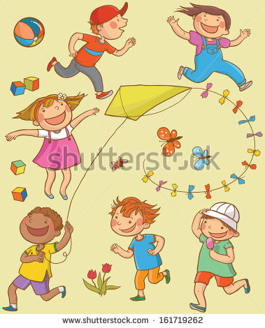 Happy Children Running Outside With The Kite  Summer Activities
