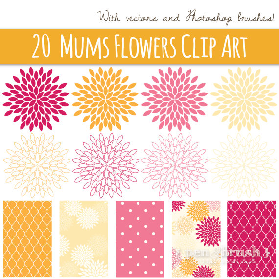 Mums Flower Clip Art   Digital Papers    Photoshop Brushes    Pink
