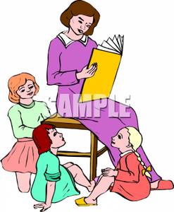 Of A Storyteller Reading To Children   Royalty Free Clipart Picture