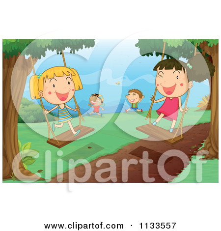 Running And Playing On Swings Outside   Royalty Free Vector Clipart By