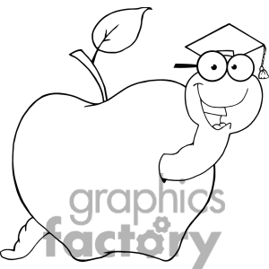 Black And White Outline Of A Graduate Worm In An Apple