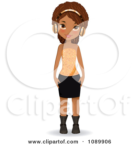 Clipart Stylish Black Woman Wearing Gold Headphones   Royalty Free