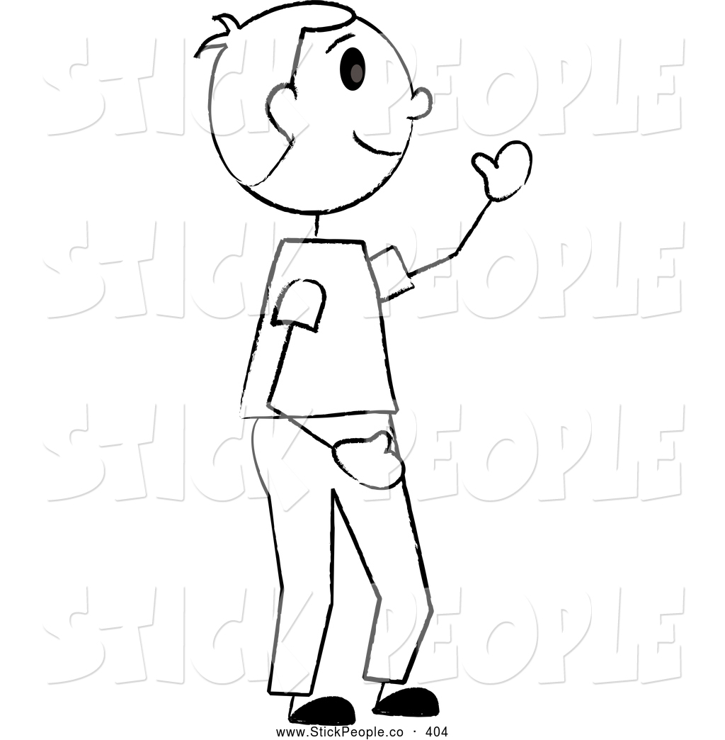 Friendly Black And White Stick Boy Waving By Pams Clipart    404