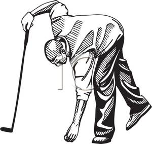 Black And White Cartoon Of A Man Placing A Golf Ball On The Ground