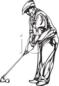 Black And White Cartoon Of A Man Playing Golf   Royalty Free Clipart