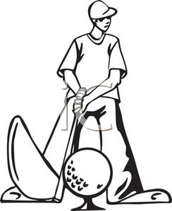 Black And White Cartoon Of A Man Putting A Golf Club   Royalty Free